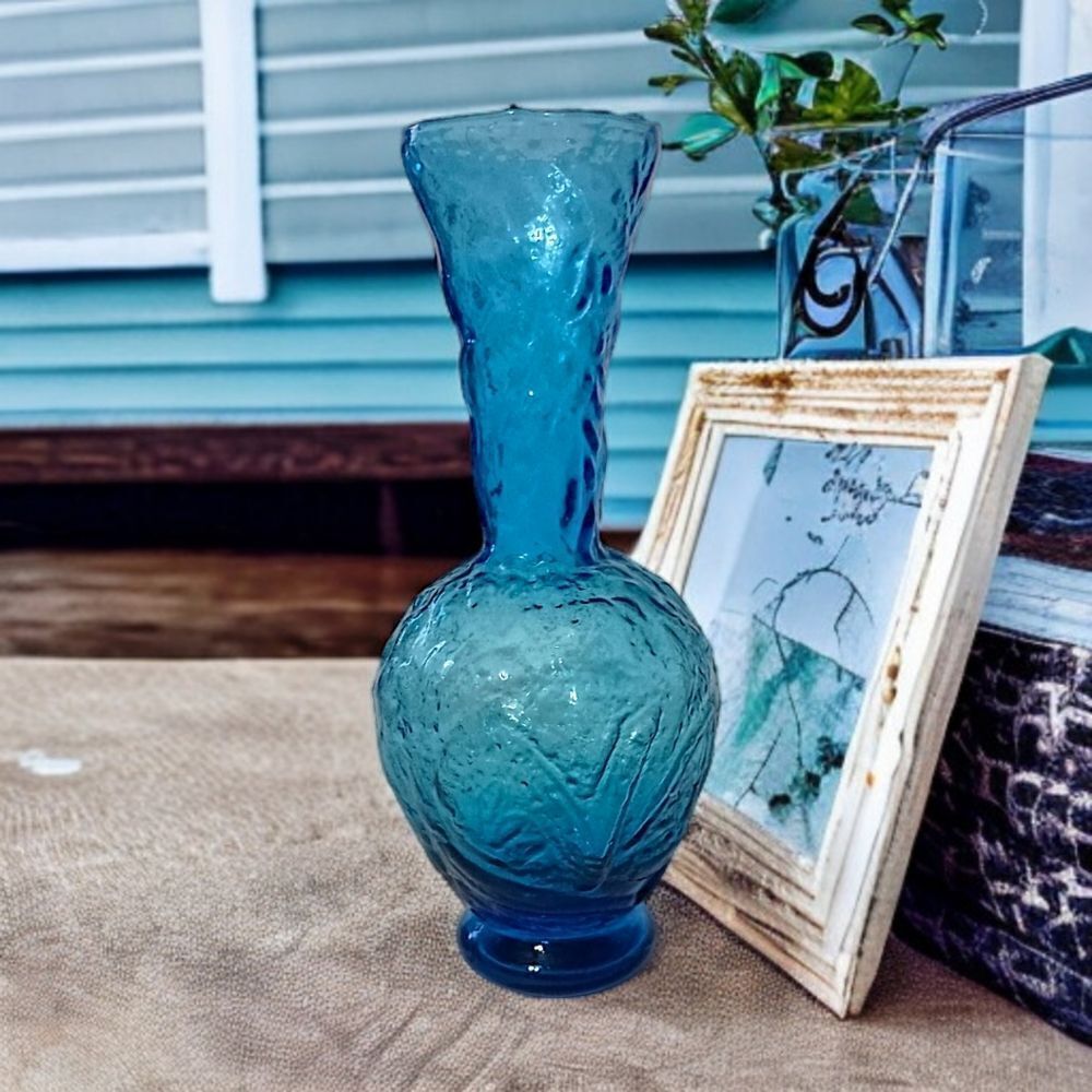 Empoli Glass Embossed Vase Flared Blue Textured Italian Ikebana MCM Abstract - Picture 12 of 15